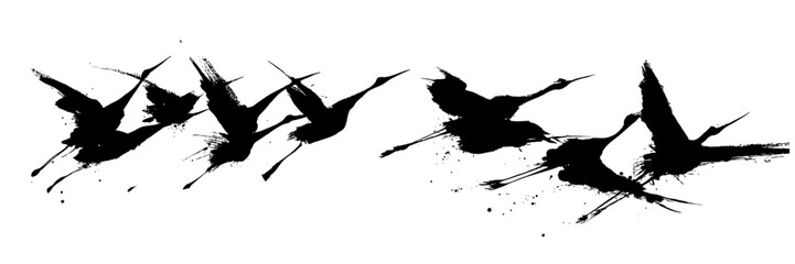 Fototapeta premium Abstract crane birds in dynamic oriental ink brush strokes with expressive splatter on white background
