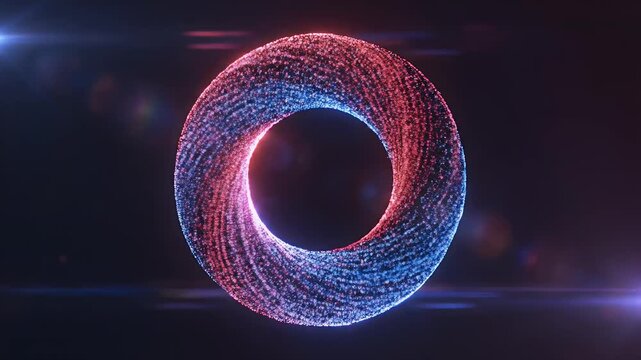 A shimmering torus of red and blue particles glows in a dark, star-filled cosmos