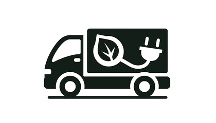A simple black flat vector silhouette icon of an electric delivery truck with a leaf and plug symbol on a white background.
