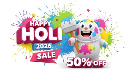 Fototapeta premium Happy holi 2026 sale with joyful cartoon character and paint splatters