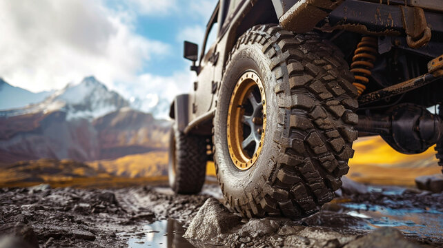 A set of rugged all-terrain tires with aggressive treads mounted on a 4x4 vehicle, navigating a muddy mountain trail, ideal for automotive and adventure themes.