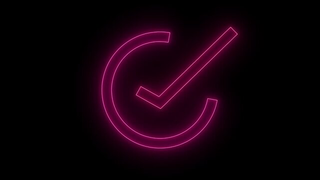 Animation of nion coolar full check mark icon background. Neon Tick mark icon seamless loop.Glowing neon line Tick mark or confirm icon animation on black background  4k video. 