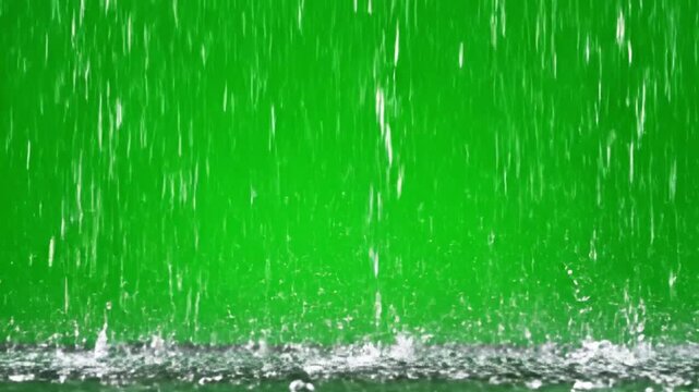 Rainfall with water droplets splashing on green background