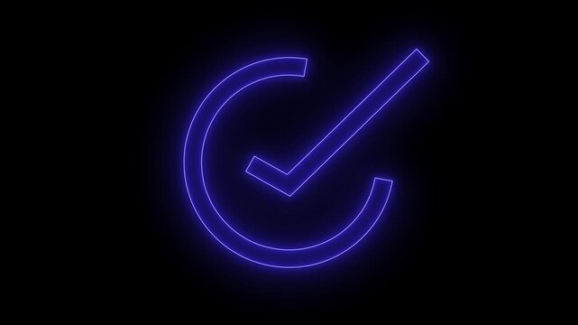 Animation of nion coolar full check mark icon background. Neon Tick mark icon seamless loop.Glowing neon line Tick mark or confirm icon animation on black background  4k video. 
