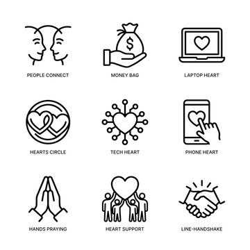 Outline Simple People Connect Money Laptop Heart Handshake Icon Set