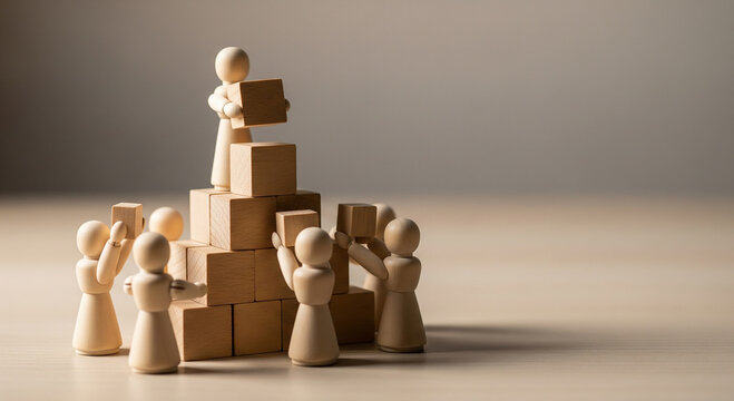 A wooden figure placing a block on top of a stack, perfect for career growth concepts and building business success plans