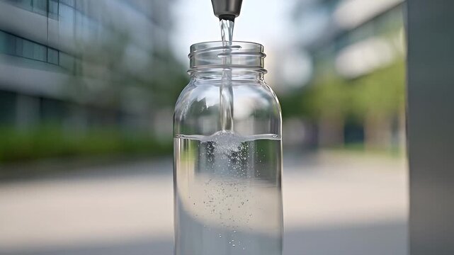 Close-up of a completely plain reusable water bottle being filled at a public water refill station