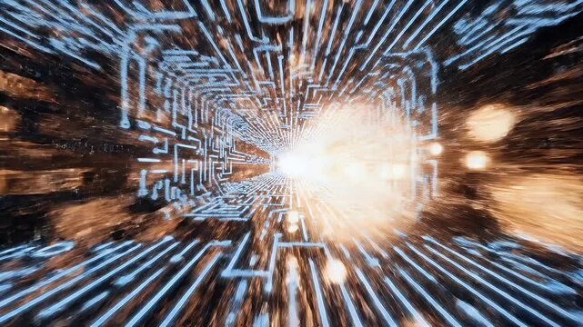 Futuristic tunnel with glowing lines and abstract textures