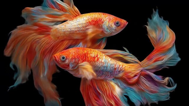 Vibrant siamese fighting fish swimming against black background