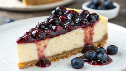 Delicious blueberry cheesecake with a slice on a plate and fork on the side