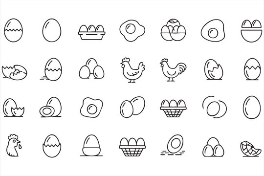 Egg and Chicken Line Icons Set with Breakfast and Farm Symbols