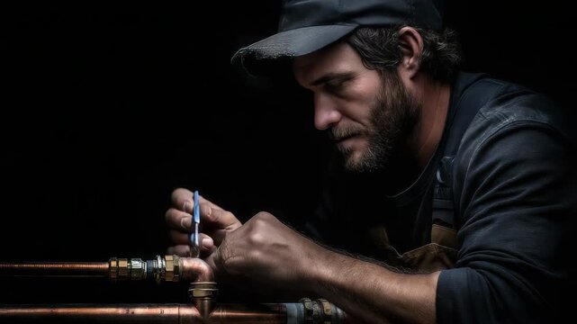 Skilled plumber intently working on copper pipes with a wrench in a dark, moody setting