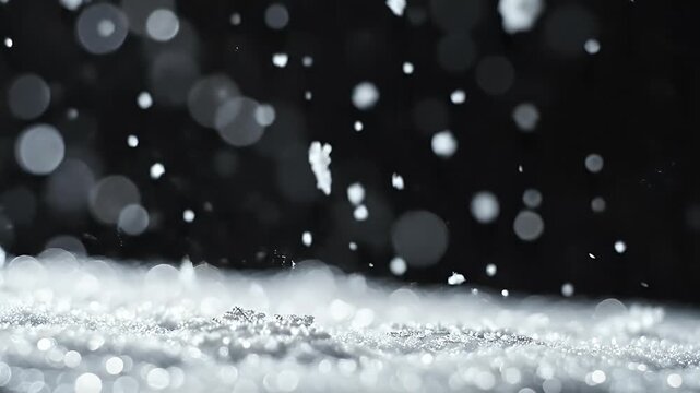 Intricate snowflake resting on a bed of glistening snow under a dark sky