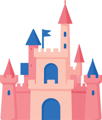 Cute castle with turrets and flag in pink and blue stands against a white background © Studicon