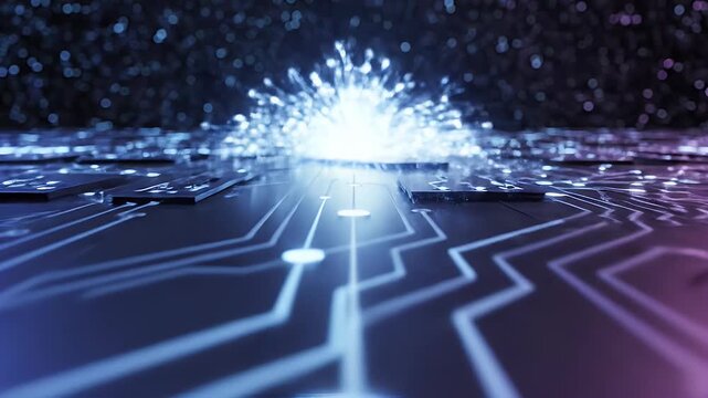 Abstract digital circuit board with glowing blue and purple lights