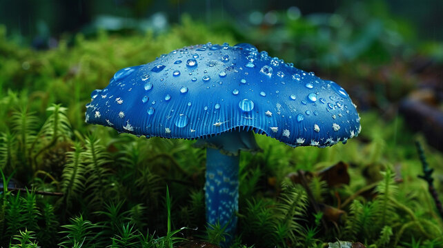 Vibrant indigo milk cap mushroom with water droplets in a lush green forest, perfect for nature and travel concepts.