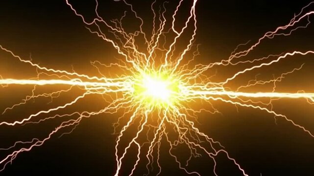 Electric energy release sparks flying outward from a central point in a dark background, possibly used for a power or scientific concept