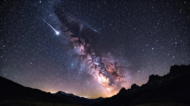 Brilliant meteor streaks across a star-filled sky above silhouetted mountains