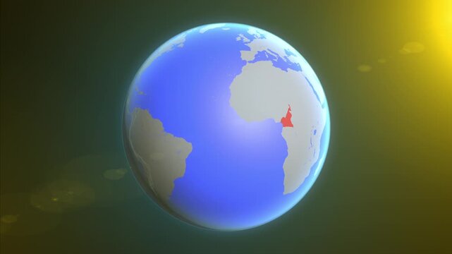 The animation shows a graphic representation of the earth and highlights the location and map of Cameroon colored red.