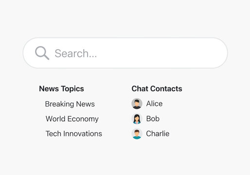 Search bar with news topics and chat contacts.