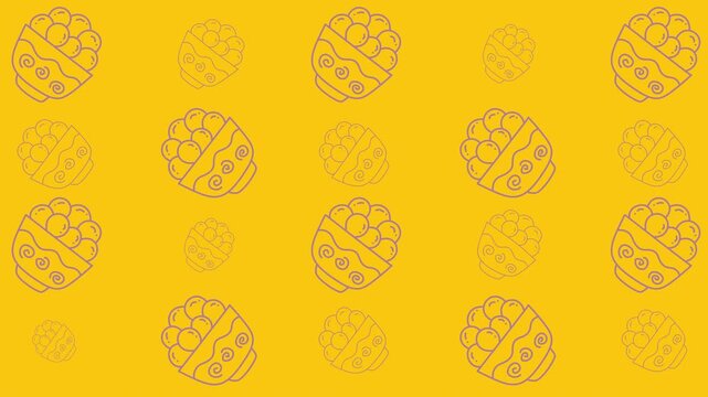 Food doodle pattern on yellow background with repeating bowls filled with whimsical doodles. Suitable for food blogs, menus, packaging design.