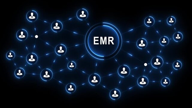 EMR network business communication technology collaboration Professional torso operating glowing interface to EMR teams enable networking and boost