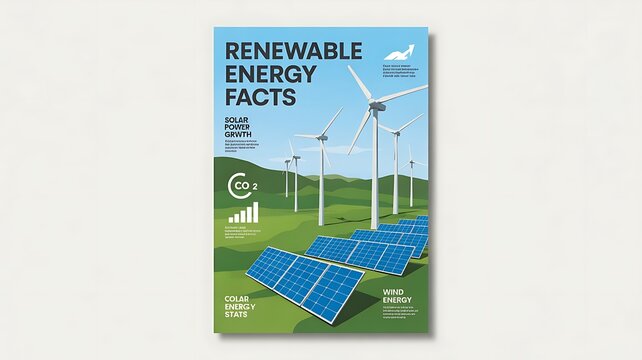 infographic poster about renewable energy: solar panels, wind turbines, icons for CO2 reduction, graphs of growth, clean minimal vectors, flat style, palette green/blue/white, A4 portrait layout, mode