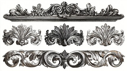 Fototapeta premium Intricate antique engraved ornamental border elements with acanthus leaves and scrolls, in a baroque style, meticulously detailed line art