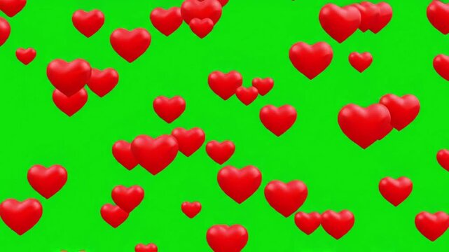 Floating red 3D hearts on bright green background