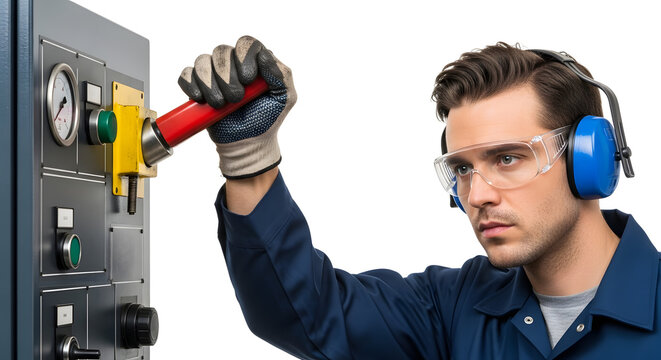 A man in a blue uniform operates a machine with a red handle while wearing safety gear.
