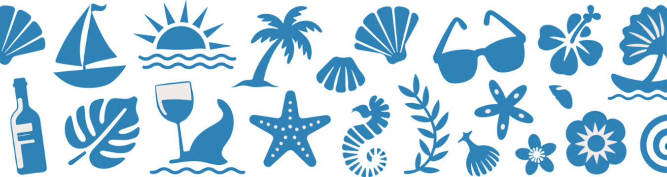 Summer beach icon collection, tropical vacation silhouettes with palm tree, sailboat, seashell and marine elements for travel design