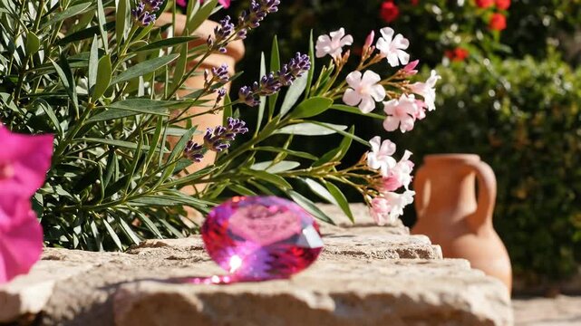Radiant Pink Spinel Gemstone Capturing Sunlight on Rustic Stone