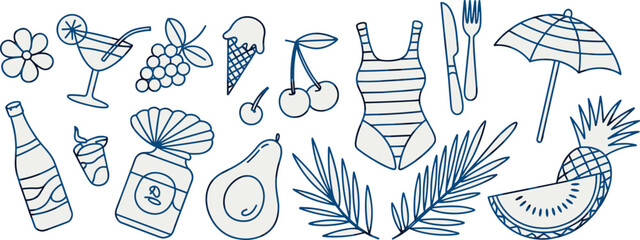 Summer vacation doodle collection, tropical beach elements with fruits, cocktail, swimsuit and umbrella hand drawn outline illustration set © MstJesmin