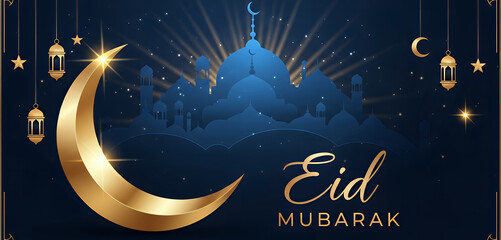 Radiant beams of light glow behind elegant domes and minarets, while suspended lanterns and crescent ornaments create a festive Islamic greeting design in rich gold and navy.