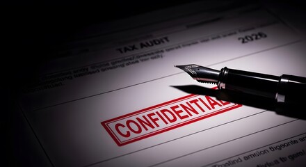 Fountain Pen on Confidential Tax Audit Document with Red Stamp and Dramatic Lighting