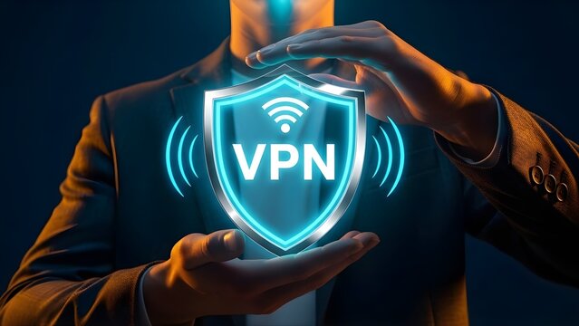 Cyber Security Professional Holding Glowing VPN Shield for Data Protection