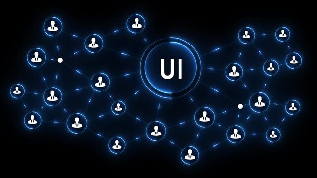 UI network business communication technology collaboration Professional torso operating glowing interface to UI teams enable networking and boost black blackground 4k video...