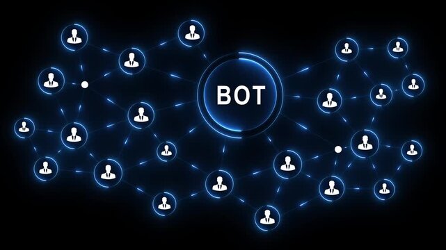 BOT network business communication technology collaboration Professional torso operating glowing interface to BOT teams enable networking and boost black blackground 4k video...