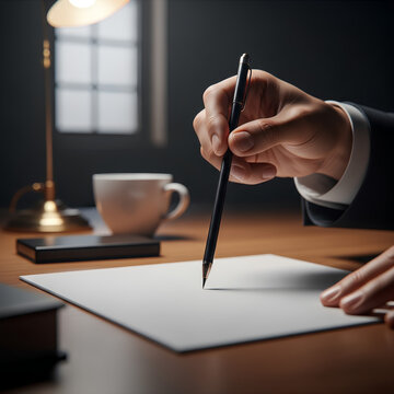 Closeup of a person in a suit writing on a document at a desk.