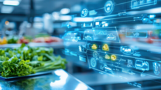 Close up of digital sensors displaying data in modern kitchen environment, showcasing technology integration in food preparation