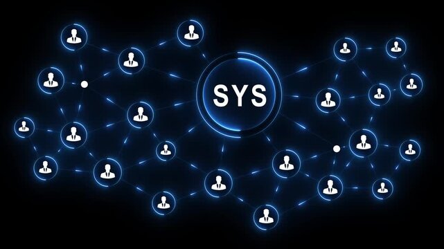 SYS network business communication technology collaboration Professional torso operating glowing interface to SYS teams enable networking and boost black blackground 4k video...