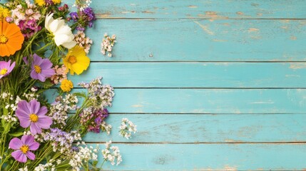Fototapeta premium Blooming Flora Against Turquoise Wood: A vibrant array of colorful flowers cascade across weathered turquoise wooden planks, creating a harmonious blend of natural beauty and rustic charm. 