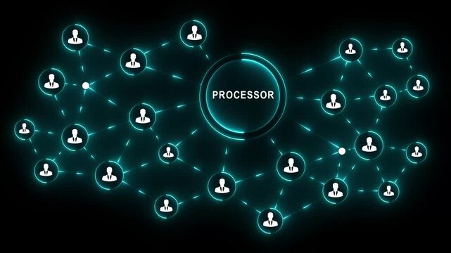 Processor network business interface person professional confidently engage to press for digital collaboration and strategic communication black blackground across organizational nodes 4K VIDEO...