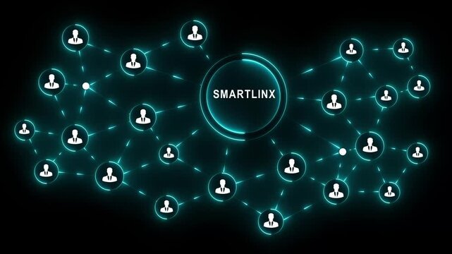 Smartlinx network business interface person professional confidently engage to press for digital collaboration and strategic communication black blackground across organizational nodes 4K VIDEO...
