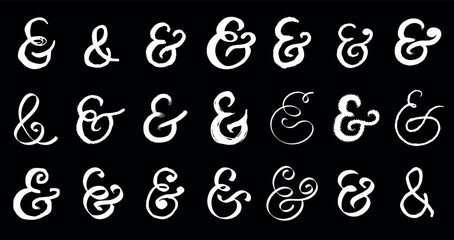 Black Hand drawn and brush made ampersands symbols. Pen and ink, grunge and other style. doodle and calligraphic style