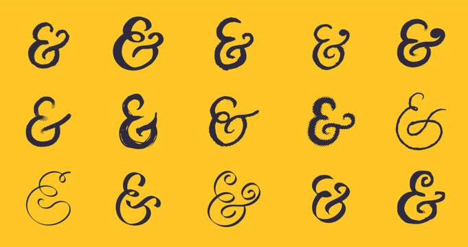 Black Hand drawn and brush made ampersands symbols. Pen and ink, grunge and other style. doodle and calligraphic style