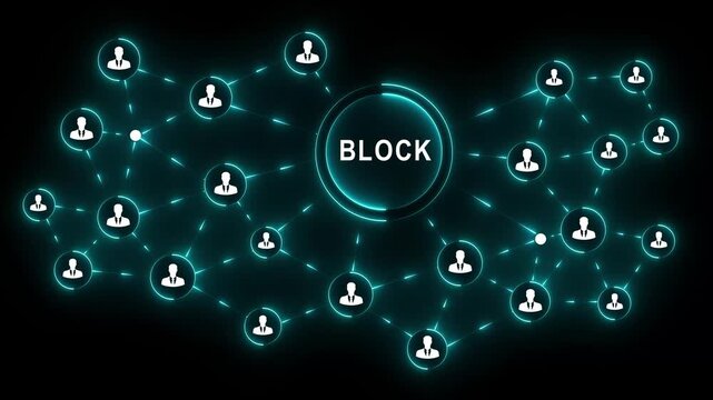 Block network business interface person professional confidently engage to press for digital collaboration and strategic communication black blackground across organizational nodes 4K VIDEO...