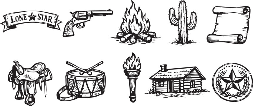 Collection of ten vintage hand drawn western cowboy and frontier life illustration icons celebrating American history and adventure