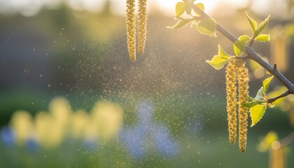 Naklejka premium A blooming tree branch scattering excessive pollen under golden sunlight, illustrating the severe pollen allergy season concept and spring discomfort
