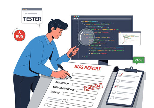 Software tester meticulously examining bug report document.